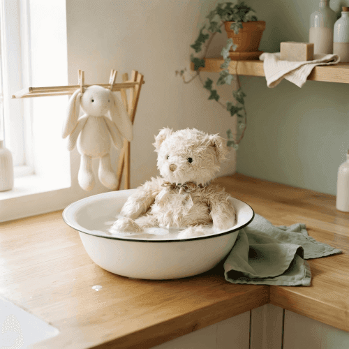 A cream teddy bear being hand-washed in a white enamel basin of soapy water, with a knitted bunny plush drying on a wooden rack behind