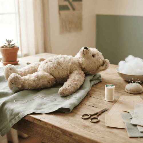 A well-loved cream teddy bear mid-repair on an oak table beside a threaded needle, embroidery scissors, a paper sewing pattern and a bowl of stuffing