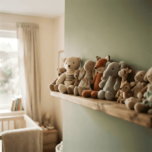 A bedroom shelf lined with assorted stuffed animals in a warm cream and sage room