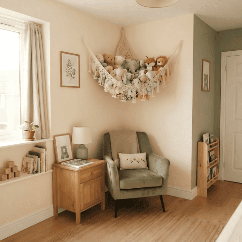 A macrame stuffed animal hammock filled with plush toys in the corner of a nursery