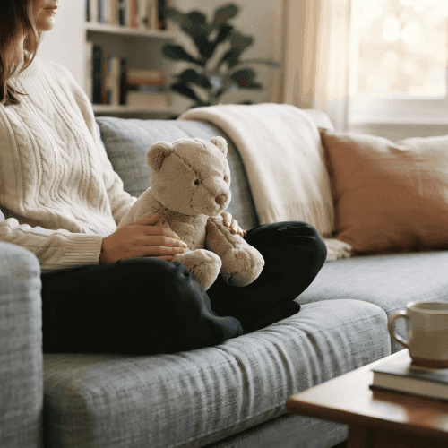 A weighted plush bear resting across a person's lap on a linen sofa